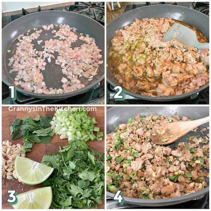 4 step photo collage showing how to make Asian inspired chicken lettuce wraps in saute pan
