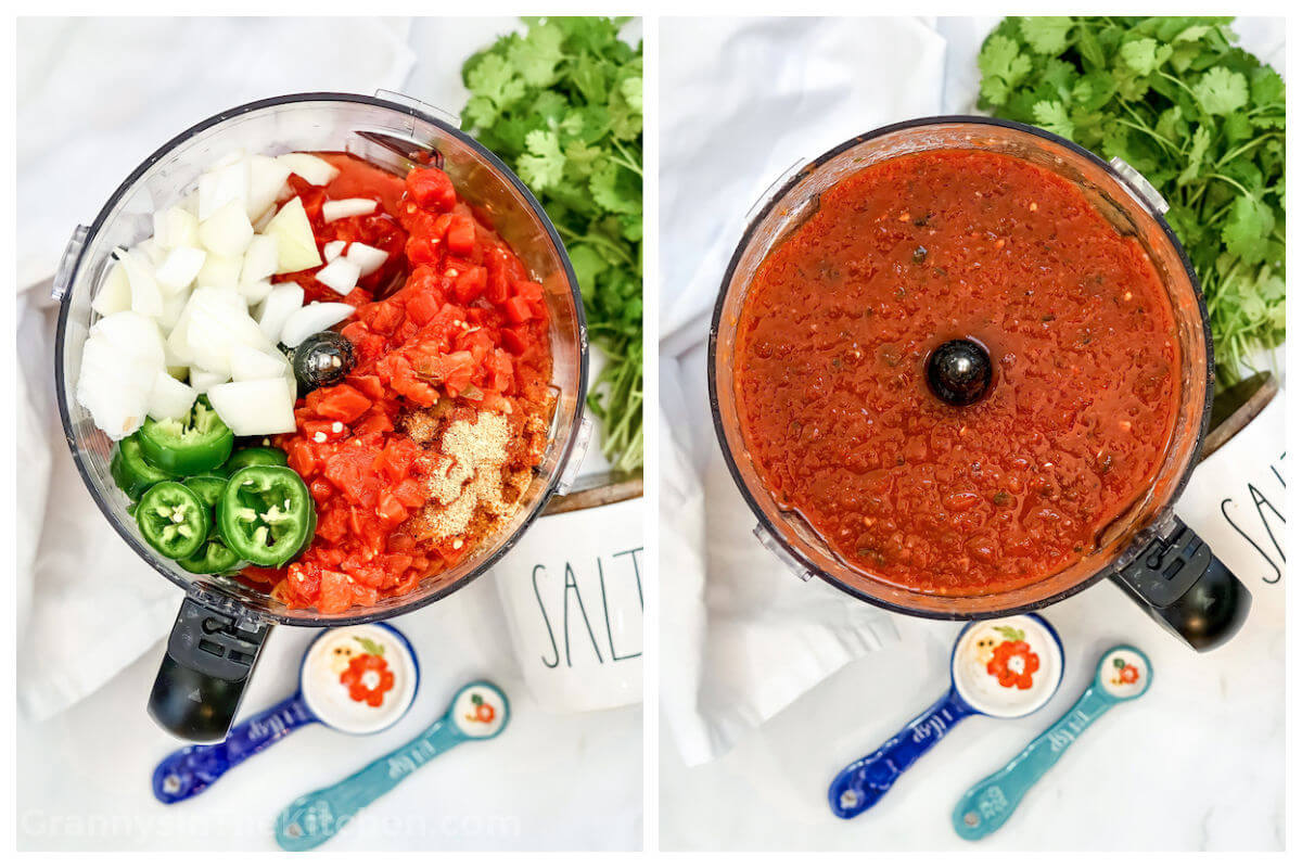 2-step photo collage showing how to make homemade salsa in a food processor