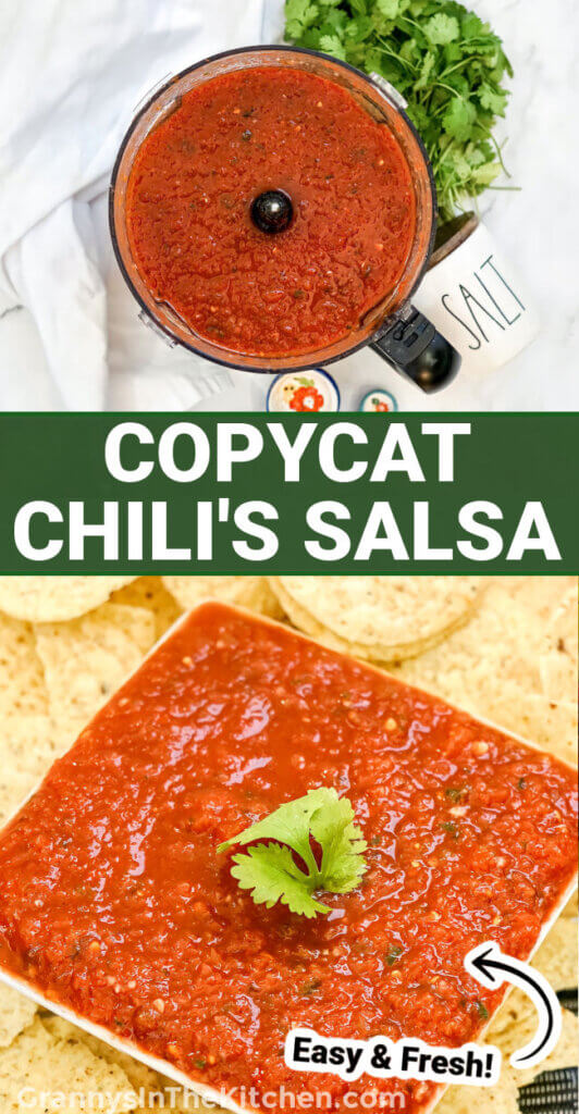2 photo collage of homemade salsa; text overlay "Copycat Chili's Salsa"