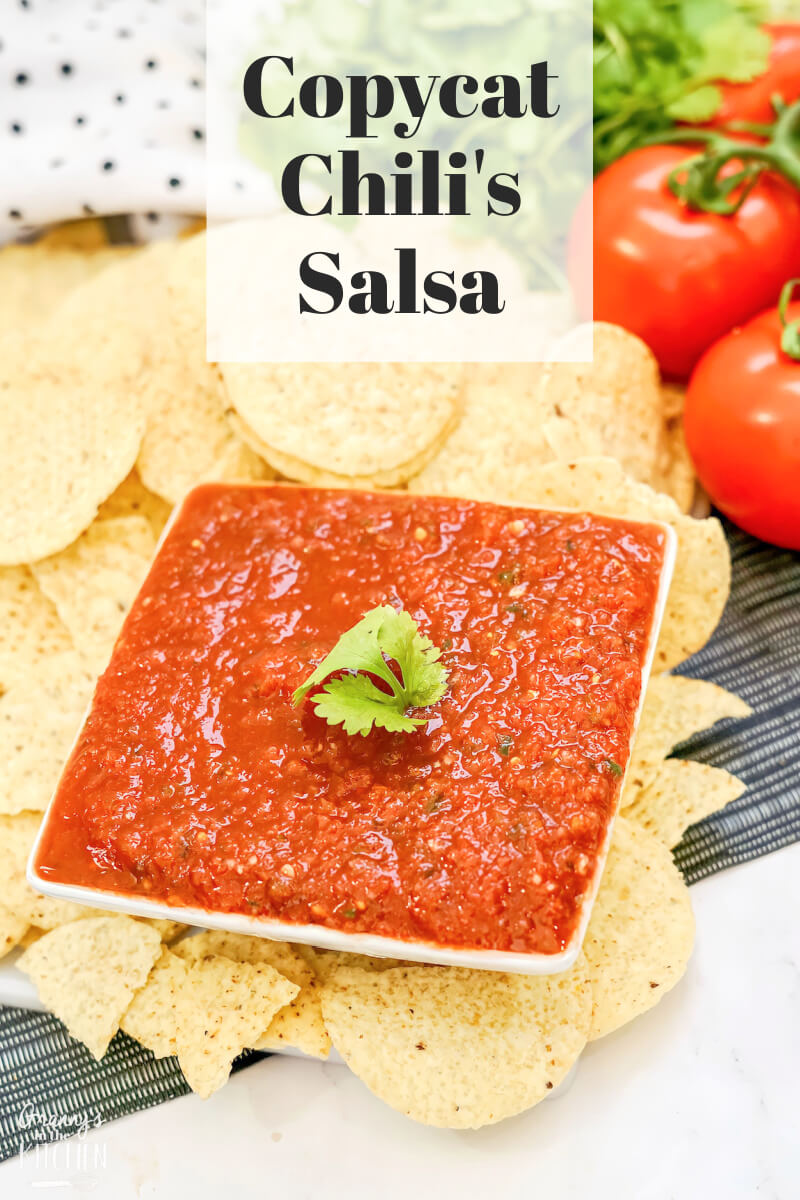 bowl of salsa and chips; text overlay "Copycat Chili's Salsa"
