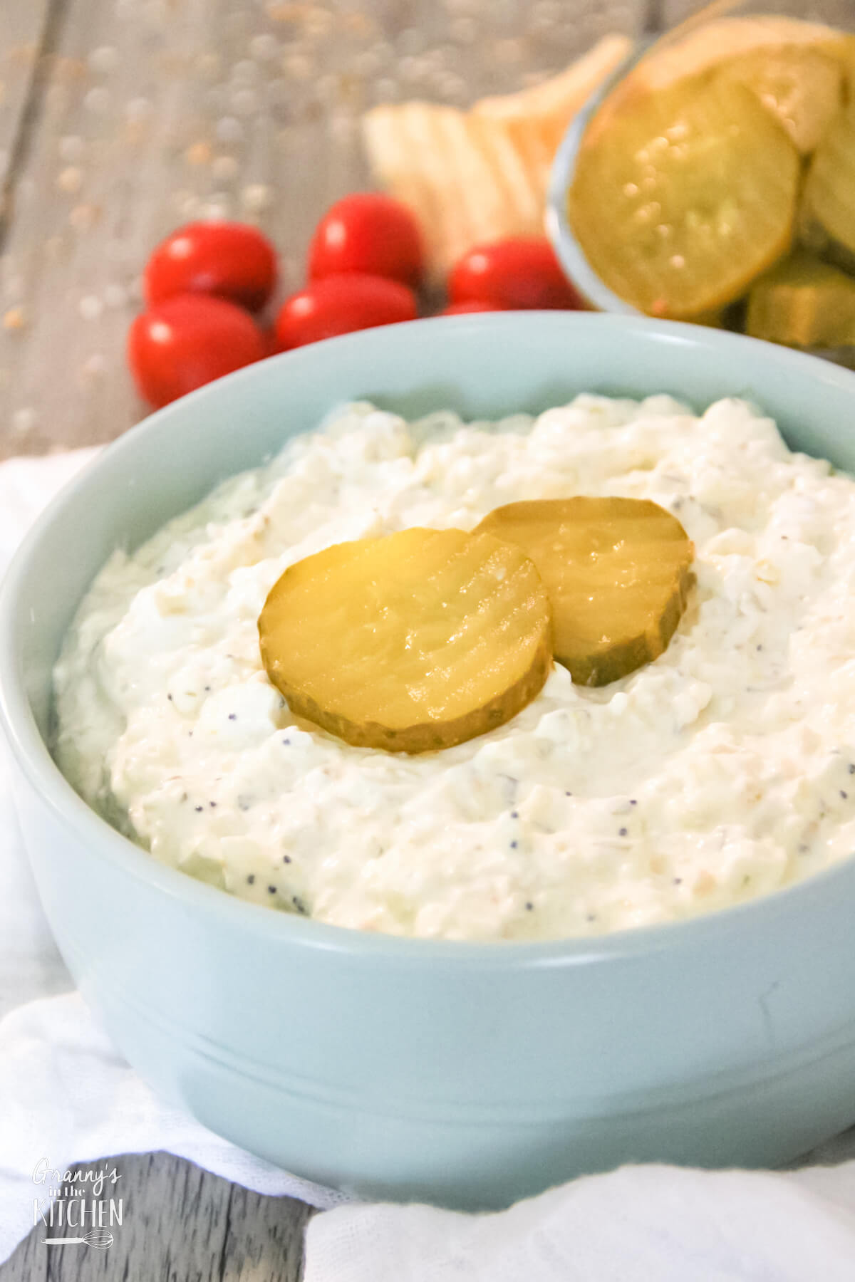 close up of a bowl of creamy homemade pickle dip
