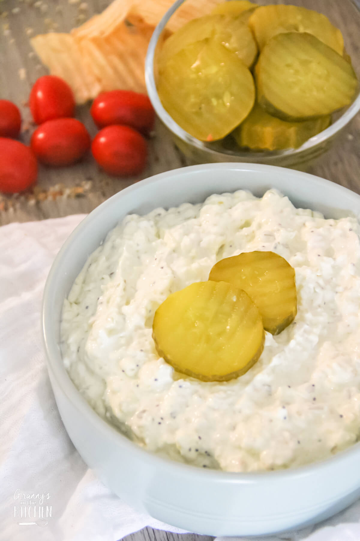 Dill Pickle Dip with pickle slice garnish