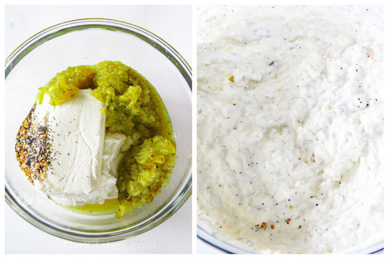 2 photo collage showing how to mix a dip made with pickles