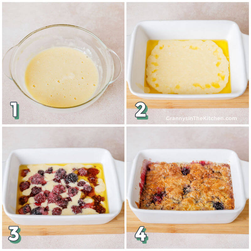 4 step photo collage showing how to make blackberry cobbler with Bisquick