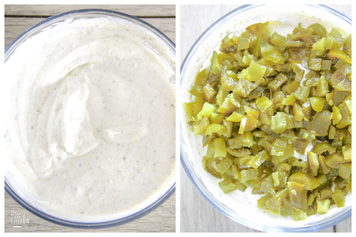 2 step photo collage showing how to make creamy jalapeno dip