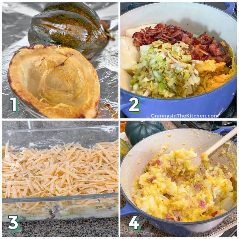 4 step photo collage showing how to make stuffed acorn squash