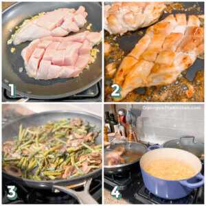 4 step photo collage showing how to make tequila lime chicken with pasta