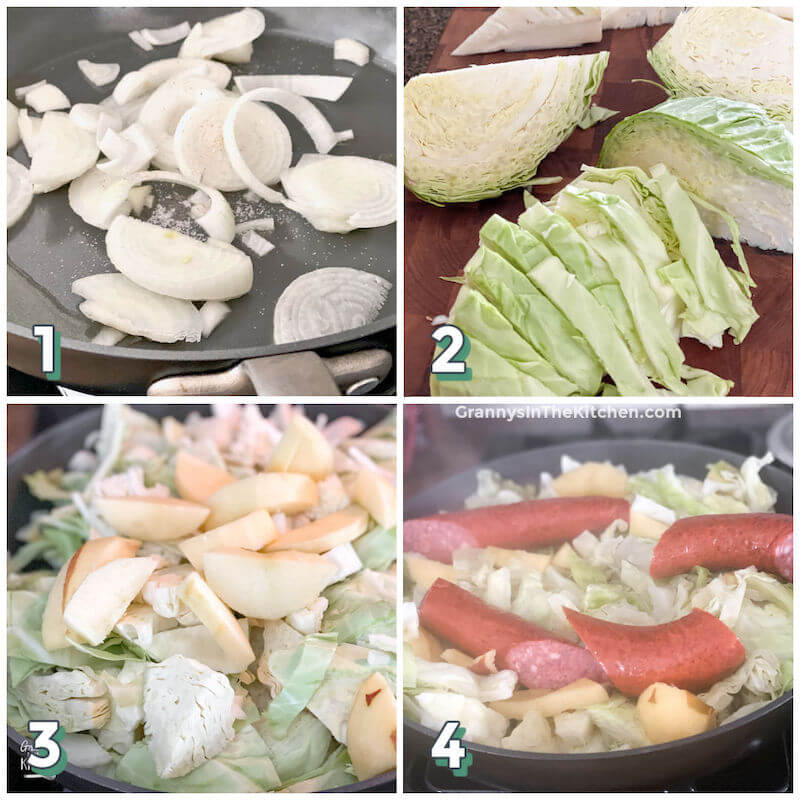 4-step photo collage showing how to make sautéed kielbasa and cabbage