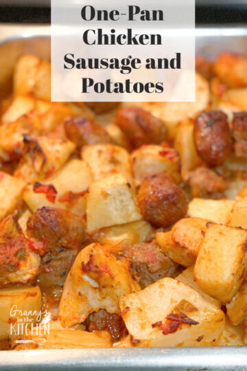 roasted chicken, sausage, and potatoes in a baking pan; recipe title text overlay