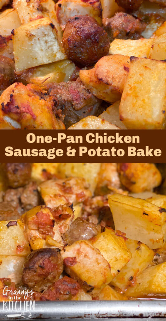 2 photo collage of roasted chicken potatoes and sausage