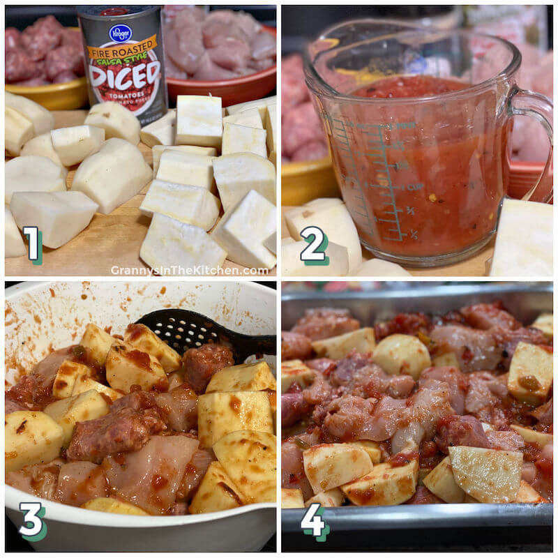 4 step photo collage showing how to make roasted chicken with sausage and potatoes