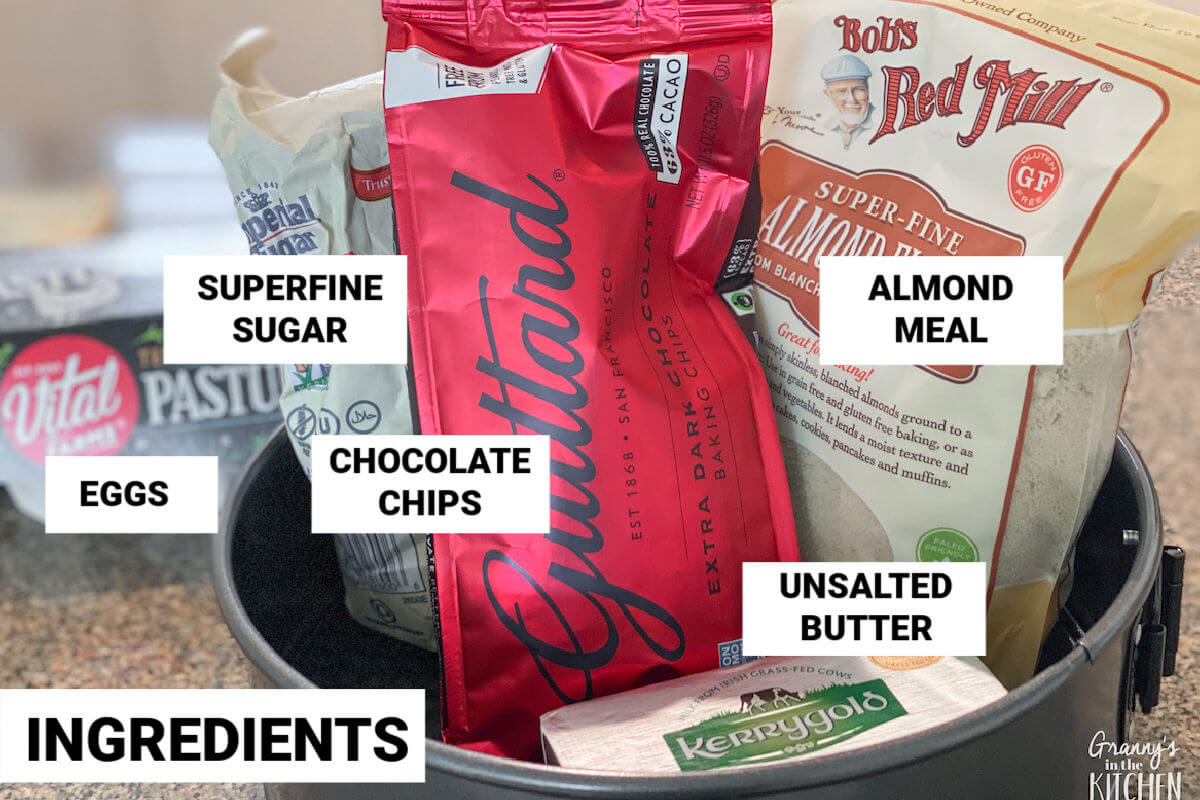 ingredients to make a flourless chocolate torte, with text labels