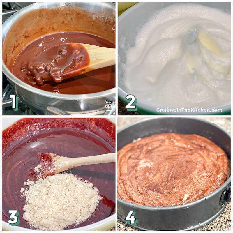 4 step photo collage showing how to make a flourless chocolate cake