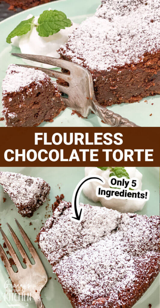 2 photo collage of a flourless chocolate torte