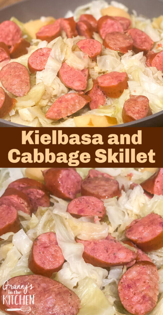 2 photo collage of kielbasa and cabbage skillet
