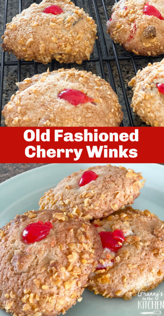 2 photo vertical Pinterest collage showing Cherry Winks cookies with text overlay of recipe name