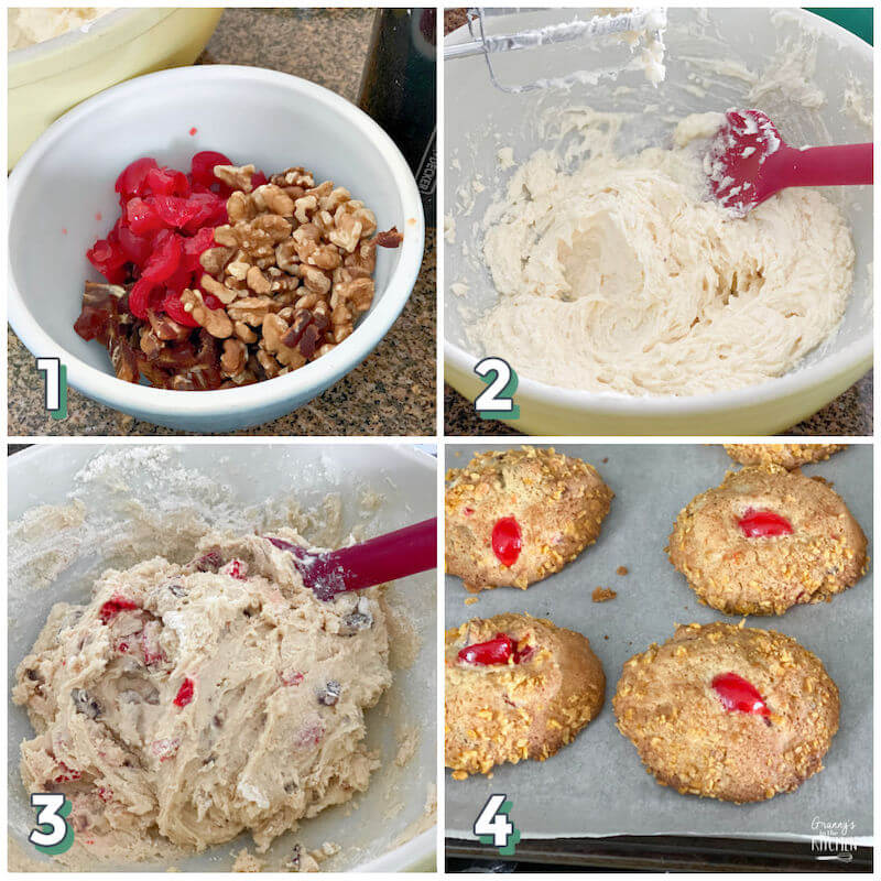 4 step photo collage showing how to make cherry winks cookies