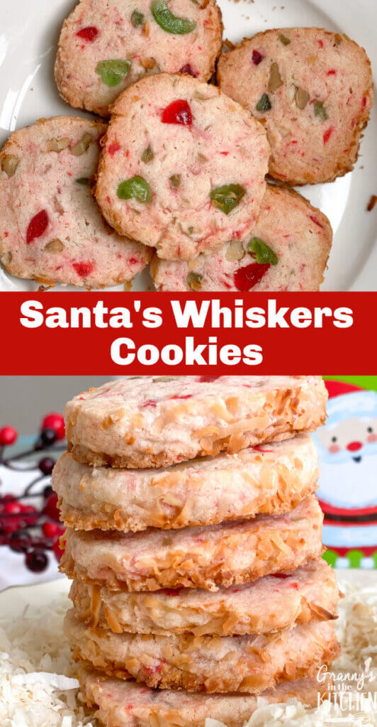 2 photo Pinterest collage showing Santa Whiskers cookies
