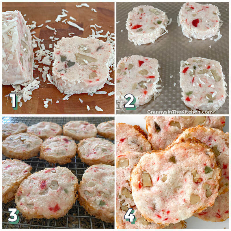 4 step photo collage showing how to prep and bake Santa's Whiskers cookies