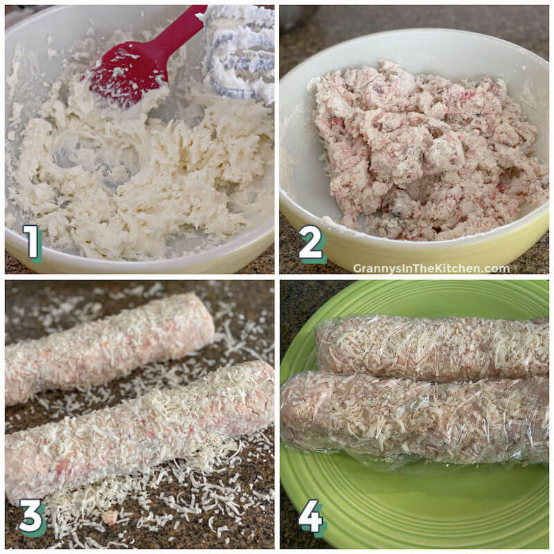 4 step photo collage showing how to make dough for Santa's whiskers cookies