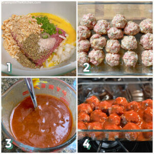 4 step photo collage showing how to make baked BBQ meatballs