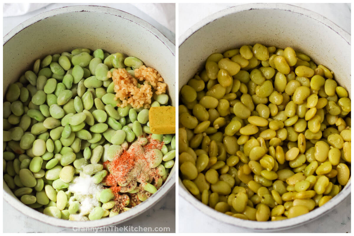 2-step photo collage showing how to cook baby lima beans