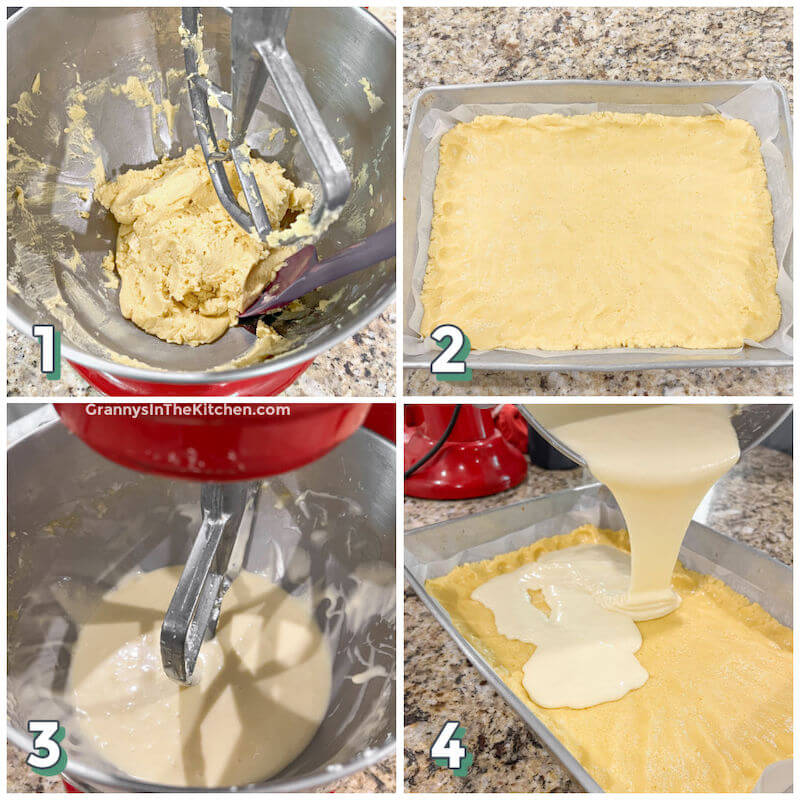 4-step photo collage showing how to make ooey gooey butter cake