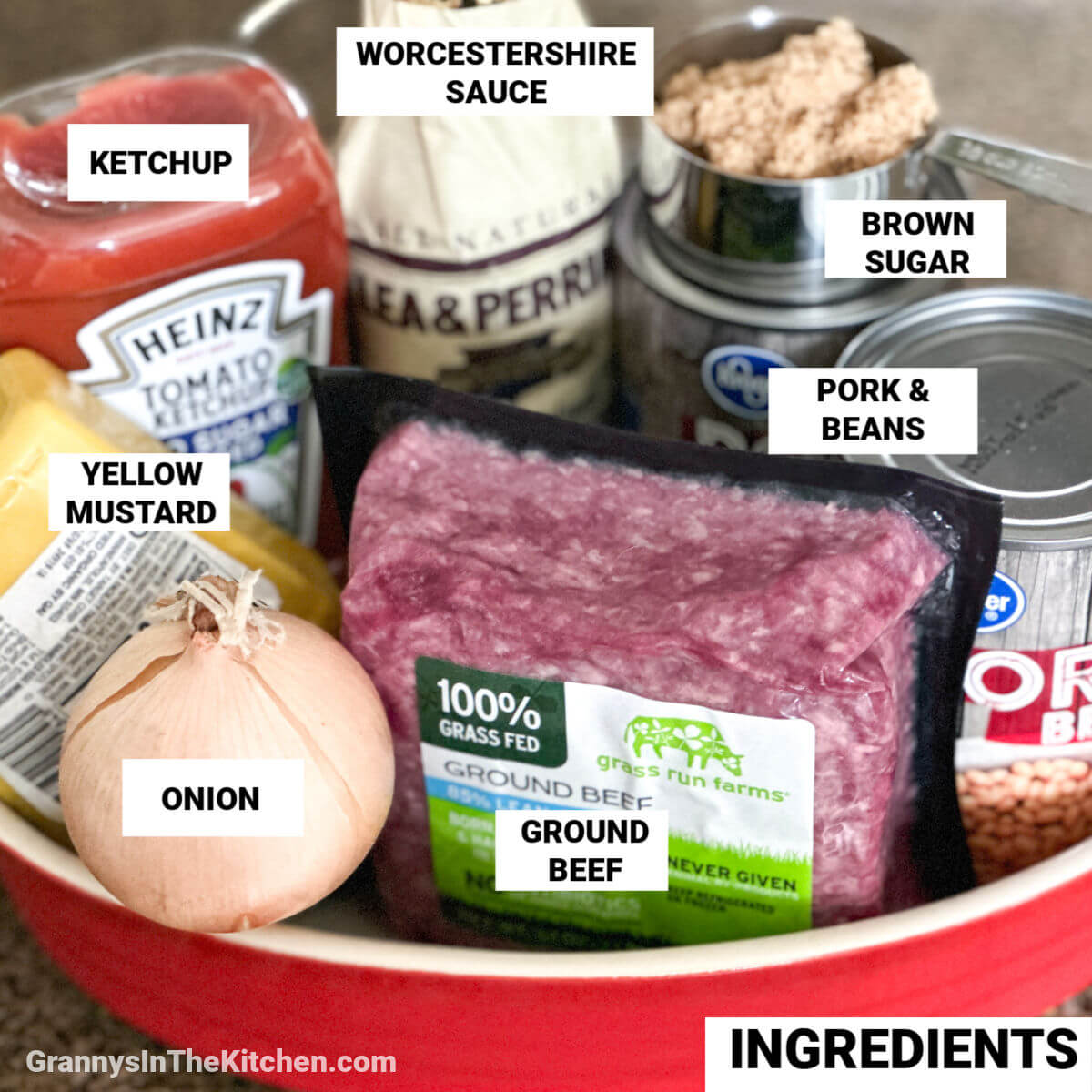 ingredients needed to make Southern style baked beans, with text labels