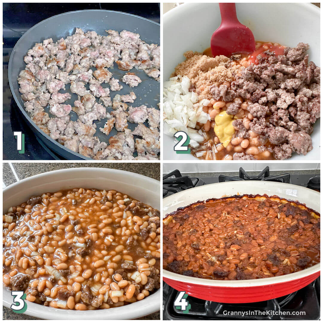 4 step photo collage showing how to make homemade baked beans