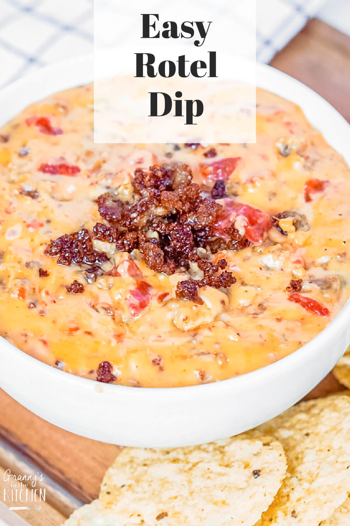 bowl of cheesy dip; text overlay "Easy Rotel Dip"