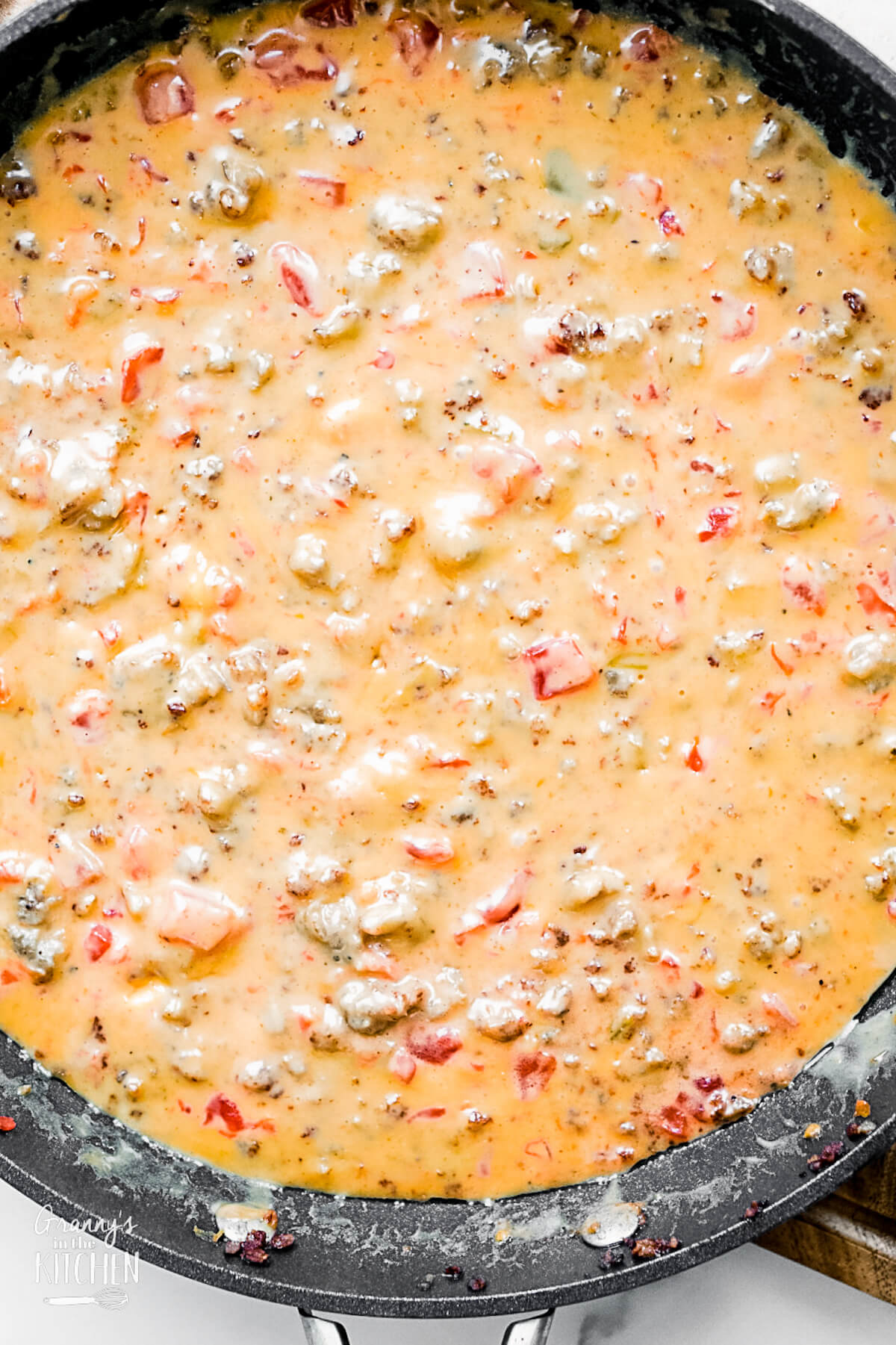 skillet of hot Rotel cheese dip