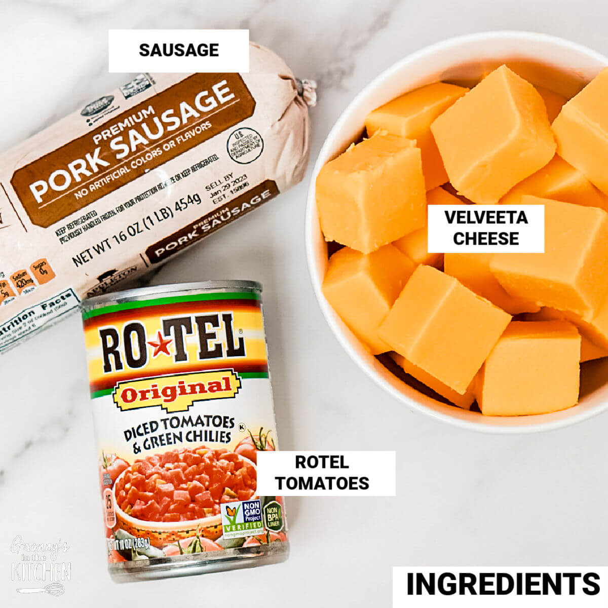Rotel Dip ingredients on countertop, with text labels
