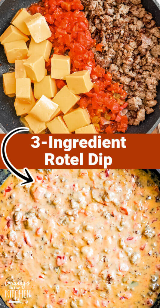 2 photo Pinterest collage show Rotel dip ingredients in skillet and finished dip