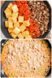 2 photo collage show Rotel dip ingredients in skillet and finished dip