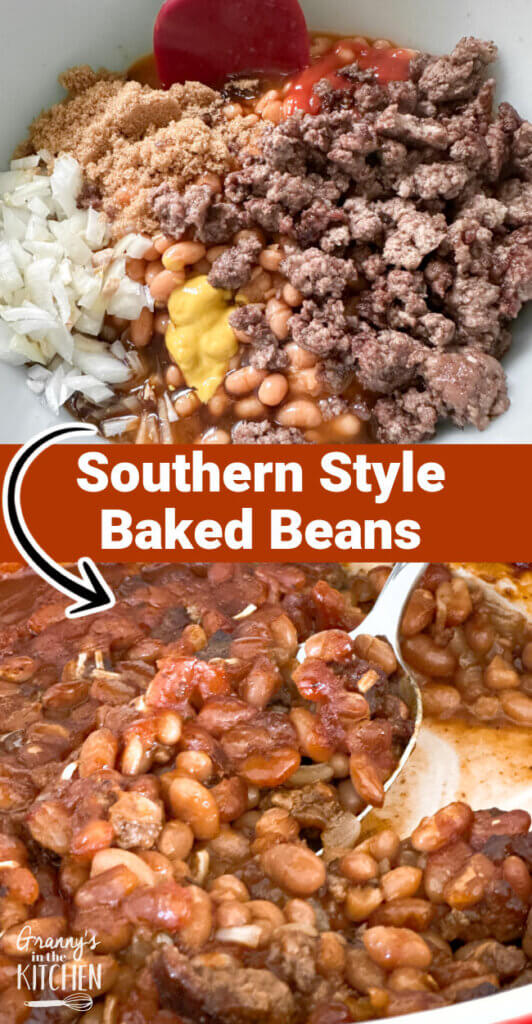 2 photo Pinterest collage showing baked beans ingredients and finished side dish