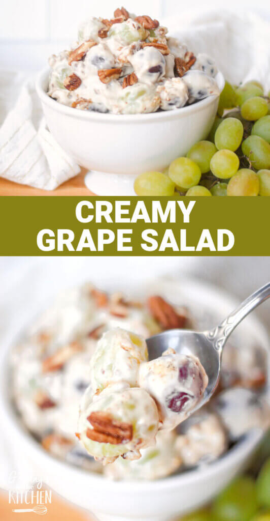 2 photo Pinterest collage showing creamy grape salad