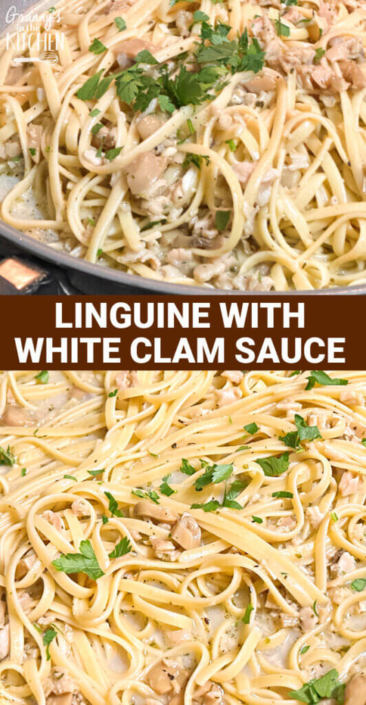 2 photo vertical Pinterest image showing Linguine with White Clam Sauce recipe