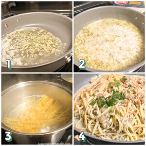 4 step photo collage showing how to cook linguine with white clam sauce