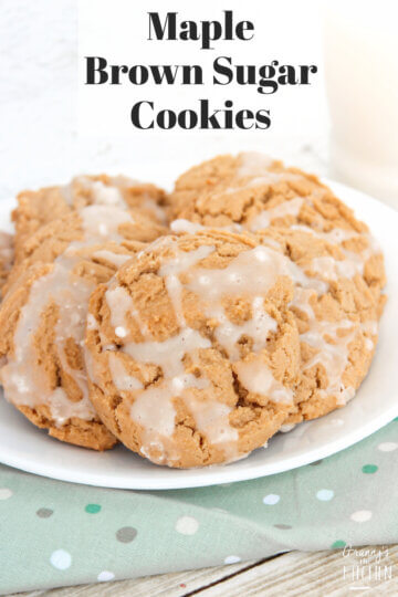 plate of glazed cookies; text overlay "Maple Brown Sugar Cookies"