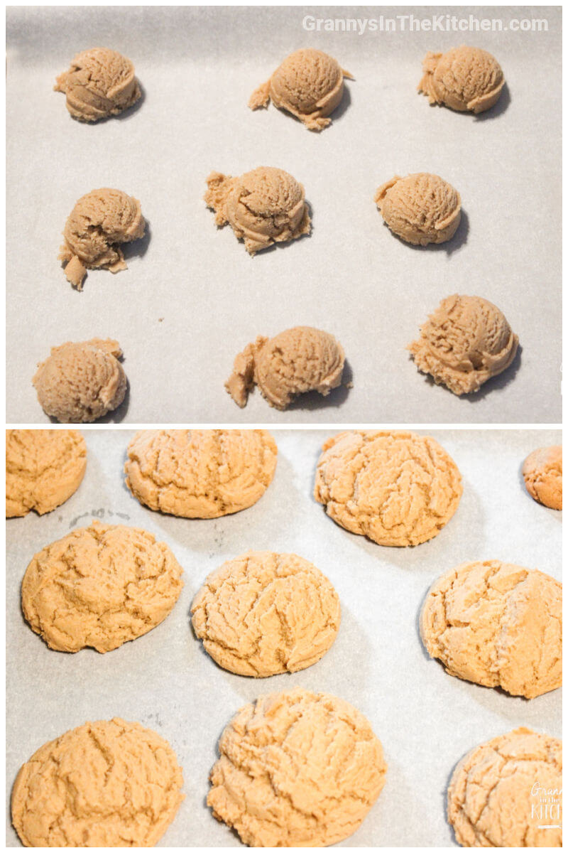 2 photo collage of cookie balls on baking sheet and after they're baked