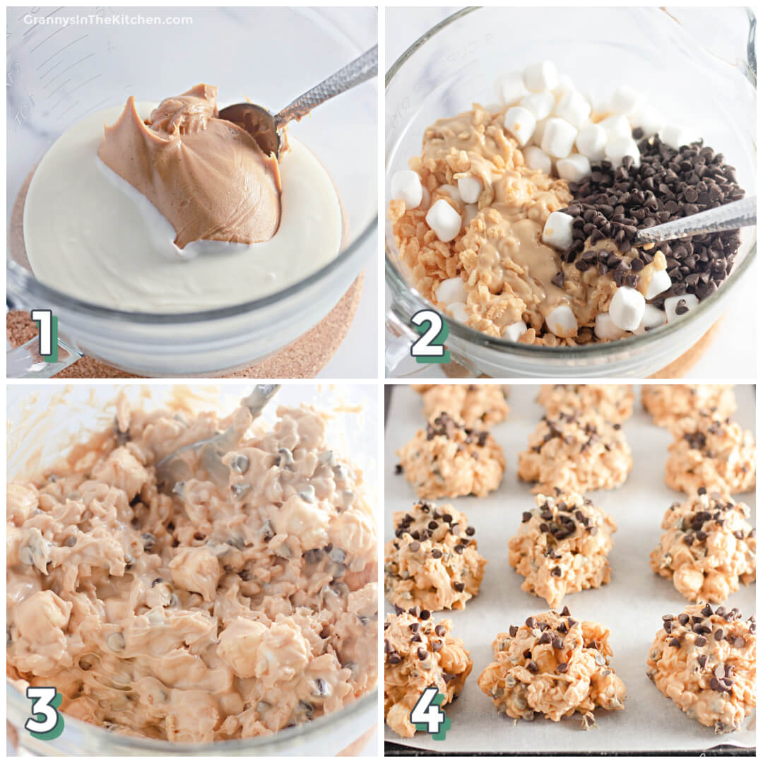 4 step photo collage showing how to make no bake avalanche cookies
