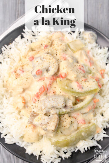 chicken and gravy over rice; text overlay "Chicken a la King"