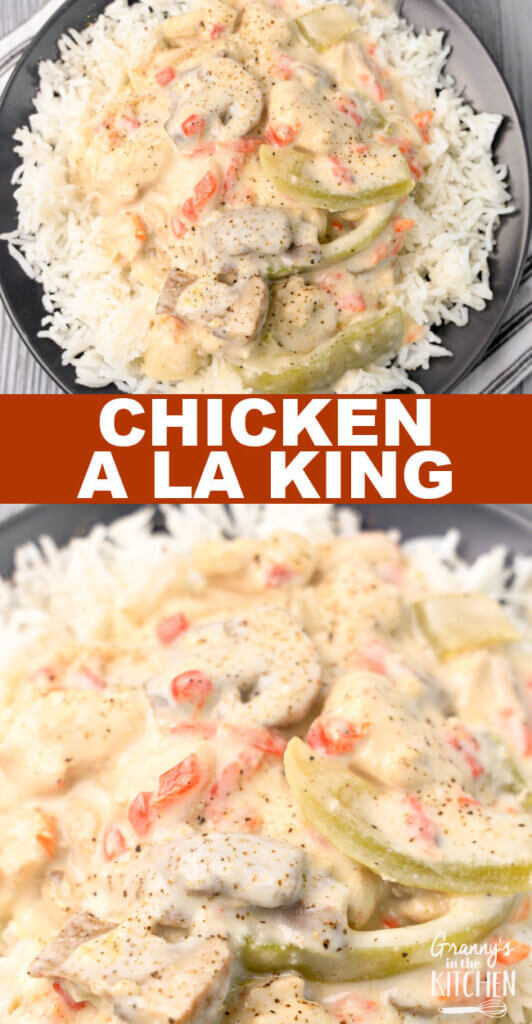 2 photo vertical Pinterest collage of chicken a la king recipe