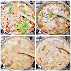 4 step photo collage showing how to cook chicken a la king