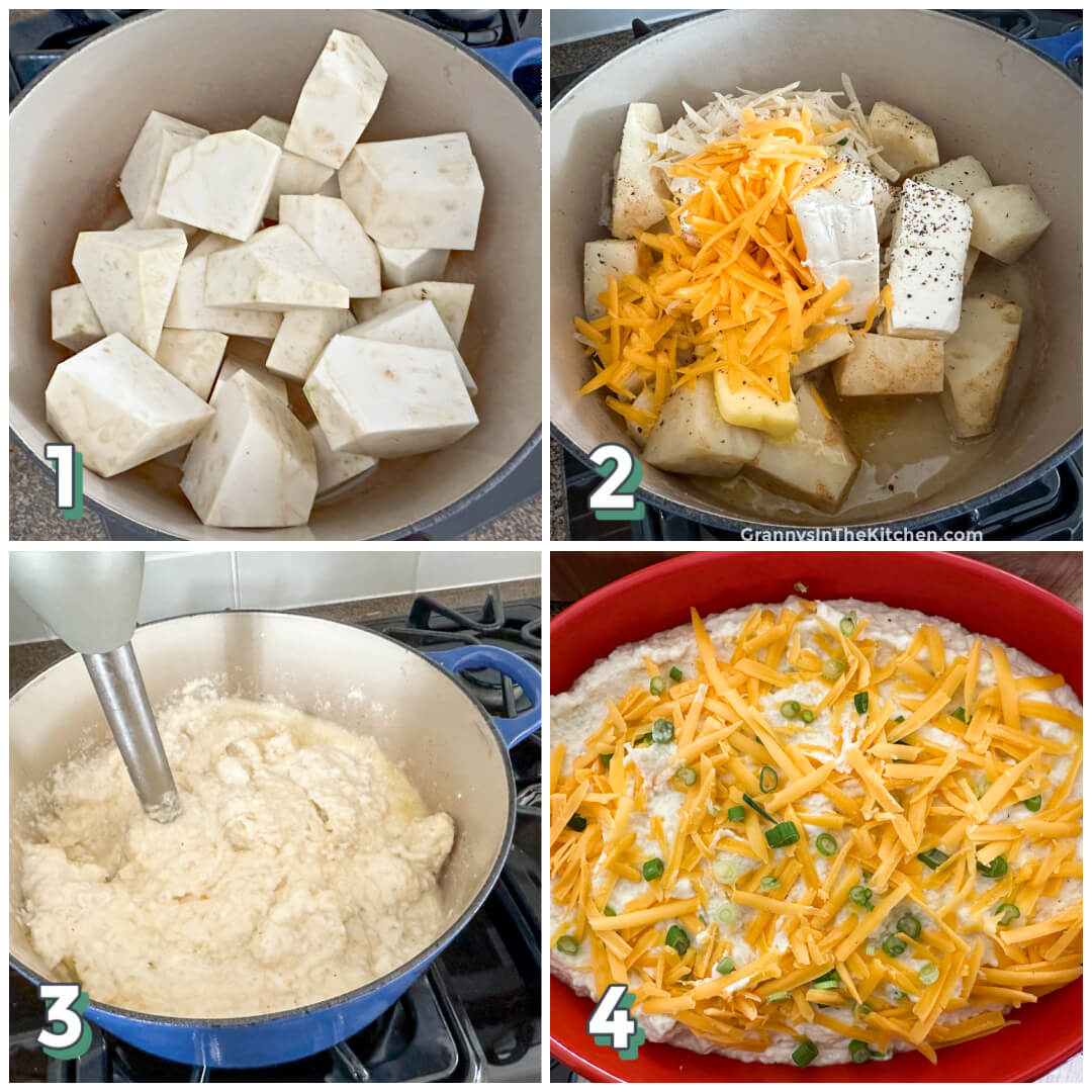 4 step photo collage showing how to make celery root casserole