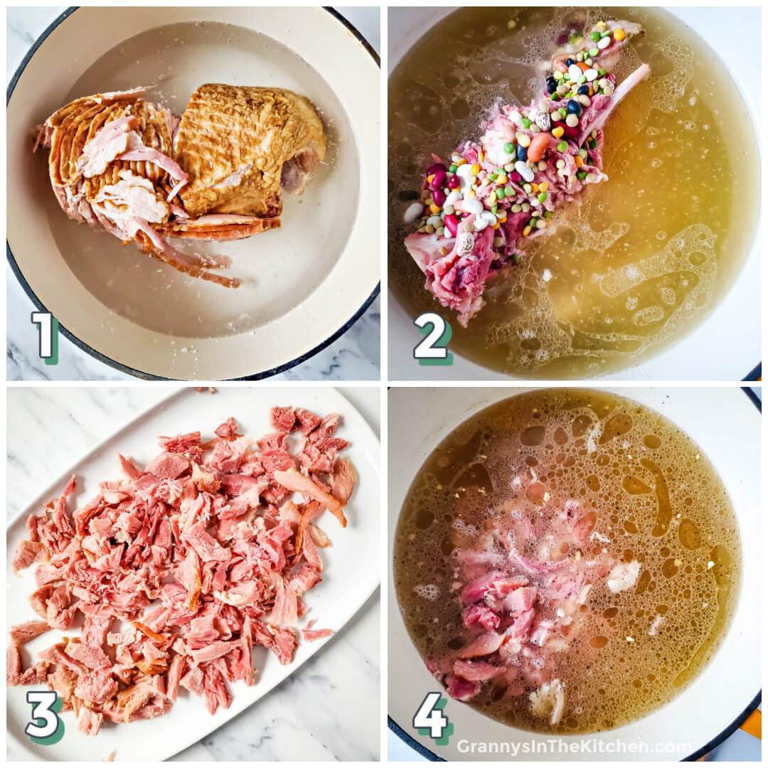 4 step photo collage showing how to make soup with leftover ham bone