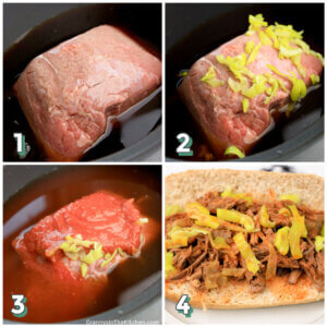 4 step photo collage showing how to make Italian beef sandwiches with a slow cooker