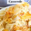 tuna casserole on plate with baking dish in background; text overlay "Classic Tuna Casserole"