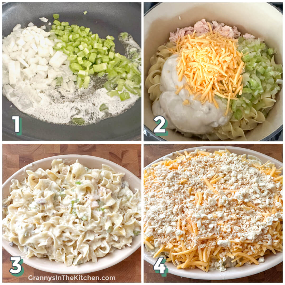 4 step photo collage showing how to make tuna casserole