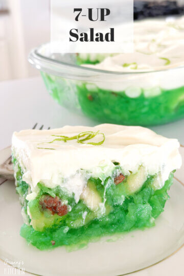 close up of a slice of green jello salad; text overlay "7-up salad"